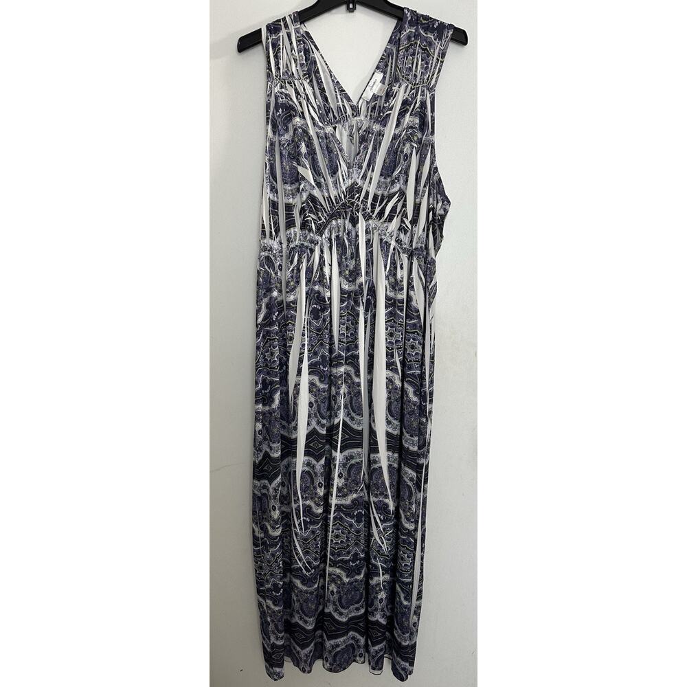 CJ Banks Women’s Purple Geometric V Neck Jersey Maxi Dress 1X Beaded Neckline